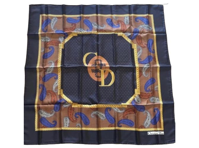 Lenço de seda Christian Dior Marrom Preto Branco Azul Dourado