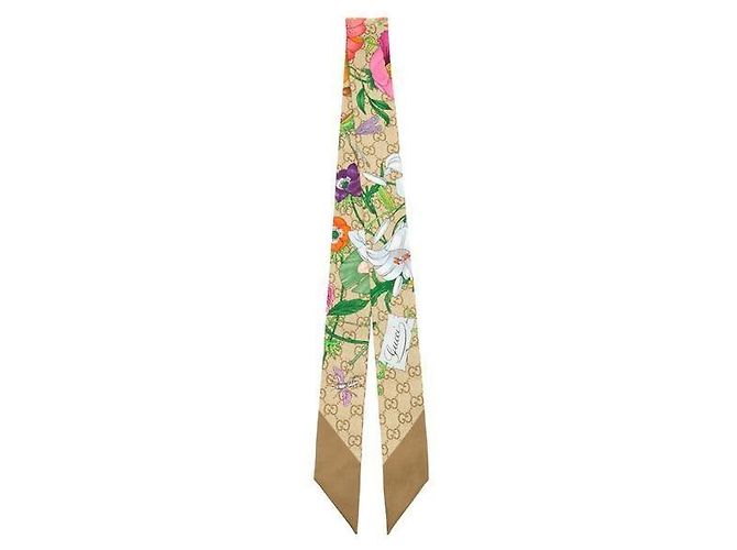 Gucci Lenço de seda com estampa floral Beige Marrom