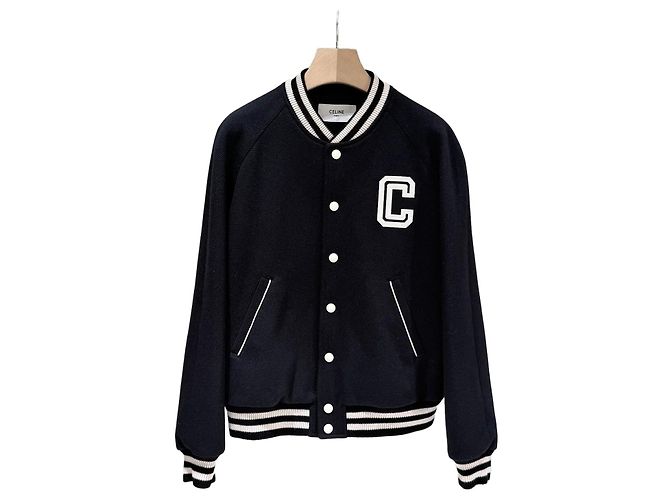 Céline Textured Wool Teddy Varsity Bomber Jacket Black