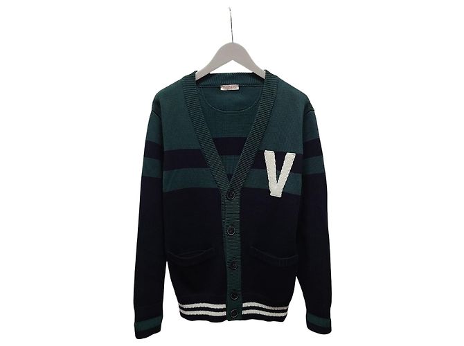 Valentino Cardigã de algodão azul marinho e verde com patch LOGO bordado
