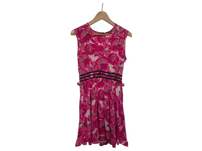 The Kooples Sommerkleid mit rosa Blumen Schwarz Pink Weiß