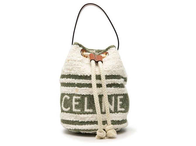 Céline Bolso Celine Teen Drawstring Logo Blanco Verde Crudo