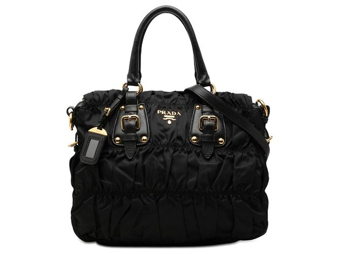 Prada Gathered Logo Tote Bag Schwarz