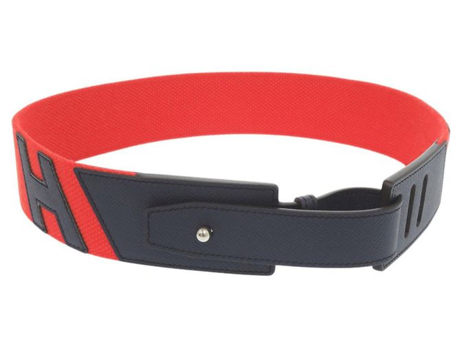 Hermès Hermes Croisière Canvas Leather Belt Silvery Red Navy blue