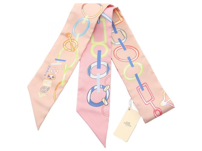 Hermès Twilly Do Re Boucles Ribbon Scarf Rosa Multicor Laranja