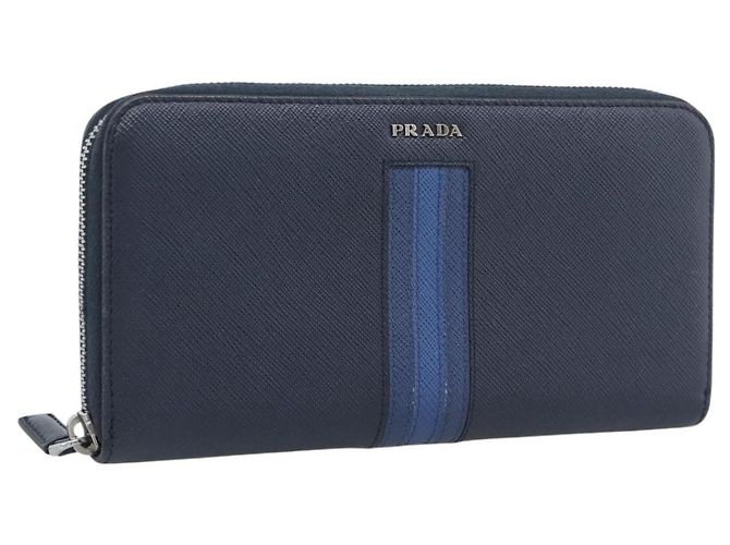 Saffiano PRADA Long Wallet Safifano leather Navy Silver Auth 196073A Silvery Navy blue
