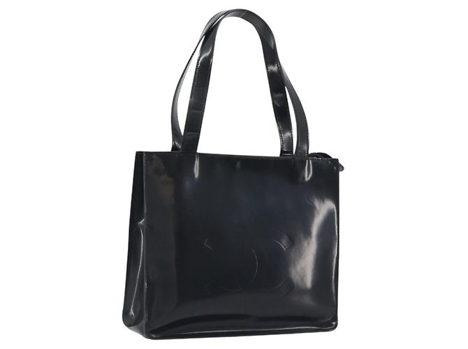 CHANEL Tote Bag Lackleder Schwarz Silber CC Auth 196085
