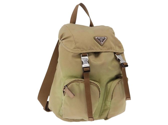 PRADA Backpack Nylon Beige Silver Auth 194982 Silvery