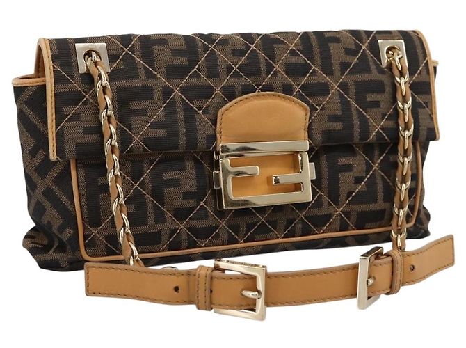 Borsa a tracolla con catena FENDI Zucca Canvas Nero e Marrone Auth 195522V