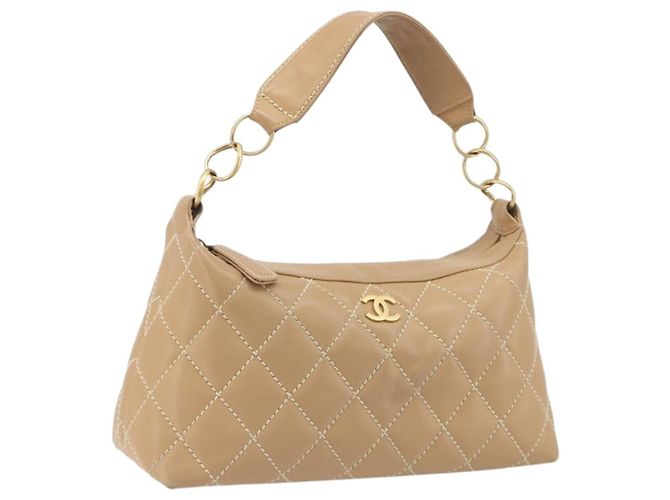 Bolsa de Ombro CHANEL Wild Stitch em Couro Bege e Dourado CC Auth 195981A