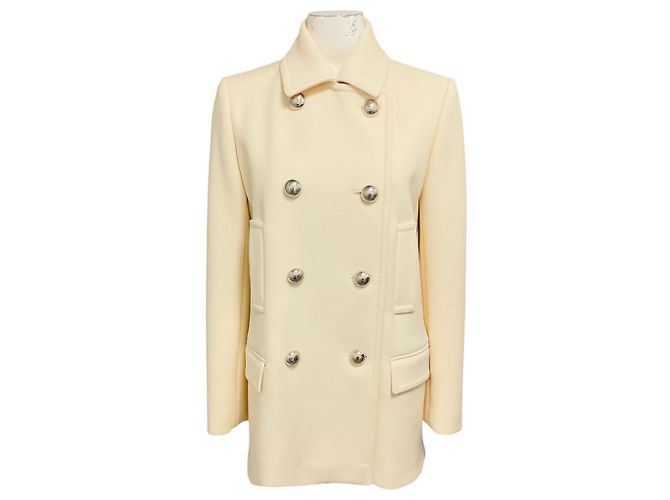 Gucci Ivory Double Breasted Wool Pea Coat with Silver Buttons Beige