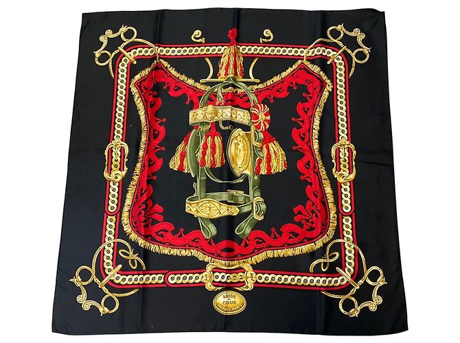 Hermès Lenço de seda twill Hermes Dark Navy Blue / Red / Gold Multi Bride de Cour Multicor