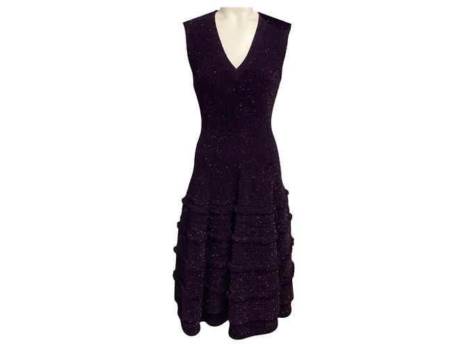 Alaïa Vestido midi evasê em malha cintilante roxa sem mangas e decote em V Alaia