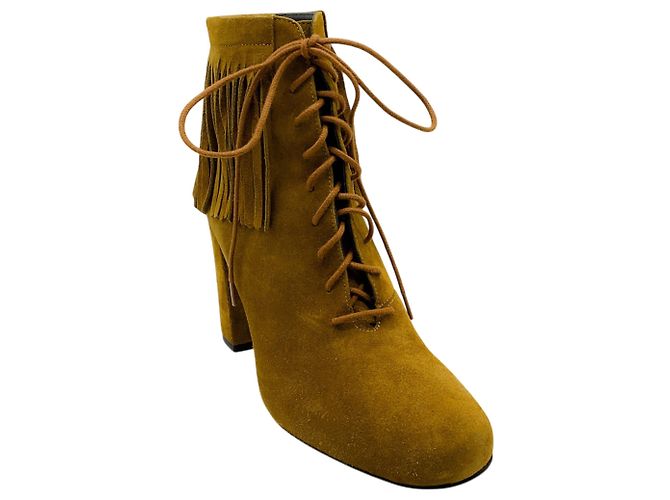 Bottines à lacets et franges en daim Cognac Saint Laurent