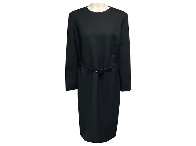 The Row Vestido longo de lã stretch preto com mangas compridas e cinto