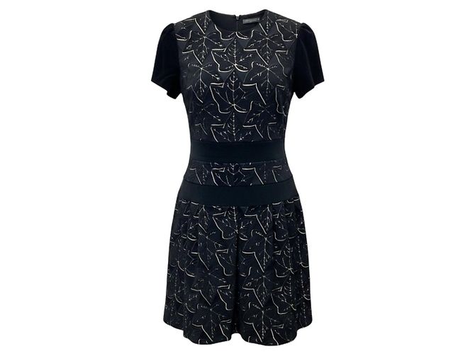 Alexander McQueen Kurzarmkleid aus Brokat-Samt mit Blattdesign Schwarz / Beige