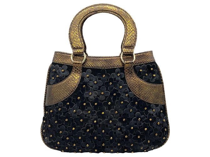 Bolsa Satchel Oscar de la Renta em couro de bezerro preto com flores e alças em python bronze