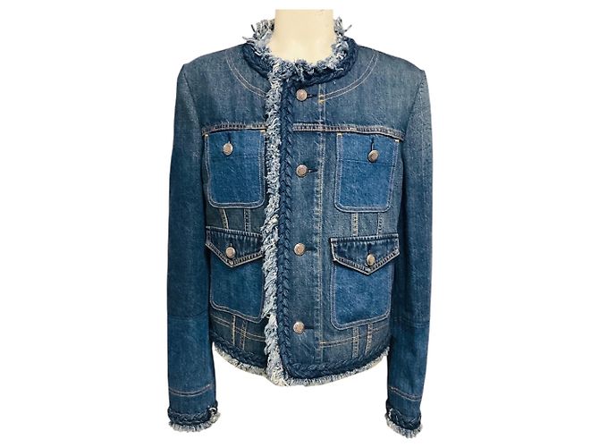 Giacca di jeans Junya Watanabe blu con bordo intrecciato e frange
