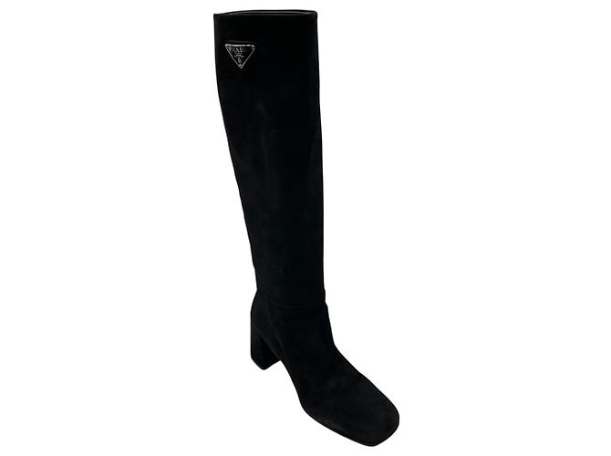Prada Black / Silver Logo Plaque Heeled Tall Suede Leather Boots