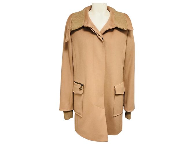 Akris Punto Camel Knit Trimmed Button Front Wool Coat