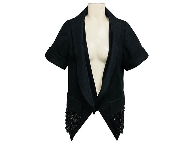 Vera Wang Charcoal Grey Sequin Embellished Short Sleeved Wool Jacket