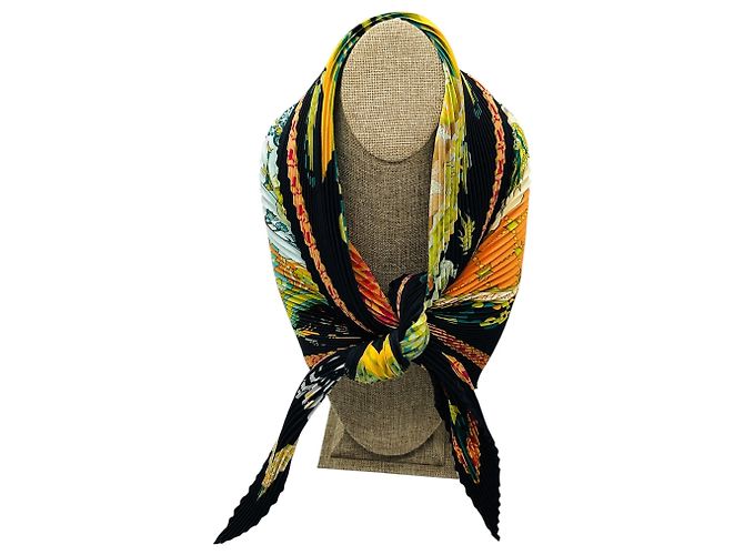 Hermès Sciarpa in twill di seta plissettata Hermes Black Multi Les Printemps de Thera Multicolore