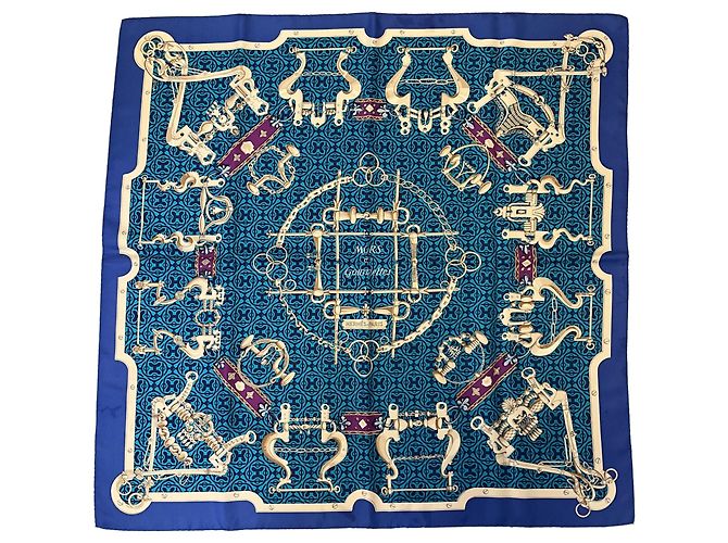 Hermès Lenço de seda twill Hermes Blue Multi Mors et Gourmettes Azul