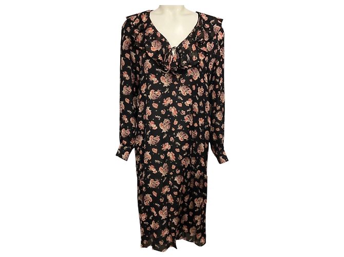 Céline Celine Schwarzes Multi-Floral Seiden-Georgette Jabot-Kleid