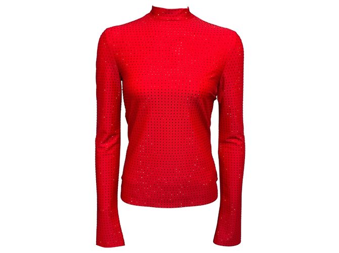 Salvatore Ferragamo Top stretch in nylon a maniche lunghe Ferragamo rosso con cristalli