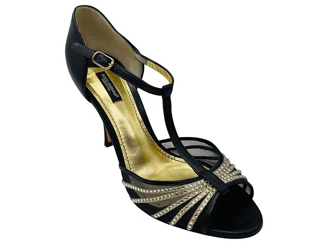Sandali Dolce & Gabbana in pelle e mesh con cristalli neri Nero