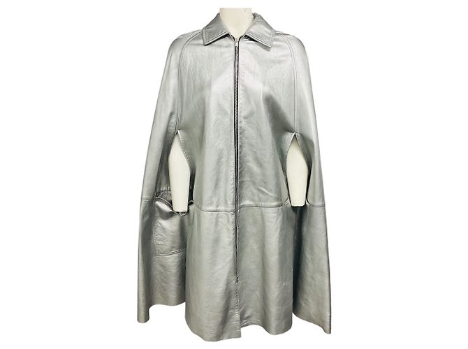 Saint Laurent Silver Metallic Zip Front Leather Cape Silvery