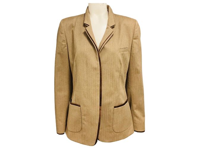 Giacca blazer in cotone a spina di pesce beige / marrone Brunello Cucinelli