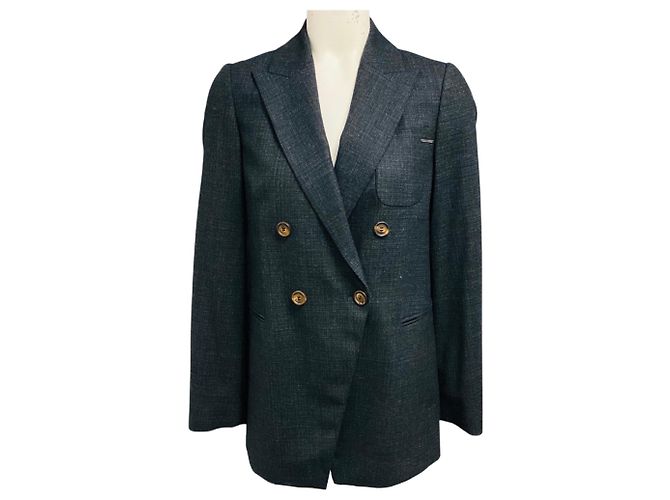 Brunello Cucinelli Charcoal Grey Double Breasted Wool Blazer Jacket with Monili