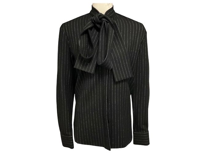 Autre Marque Camicia con cravatta in lana a righe gessate nere Alex Perry Nero