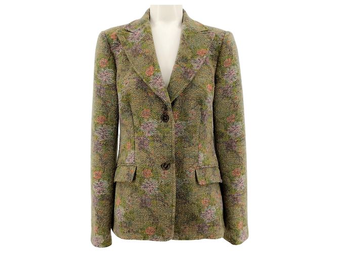 Etro Olive Floral Wool Tweed Jacket Green