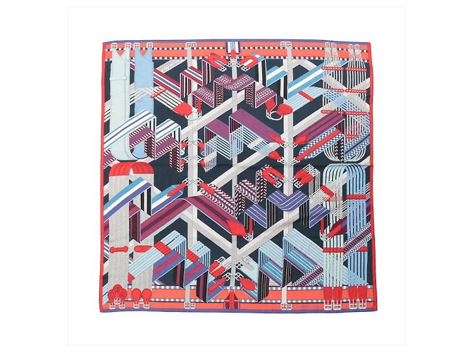 Hermès Carré Géant "SANGLES EN ZIGZAG" Pañuelo de Cachemira x Seda Azul x Rojo Azul marino