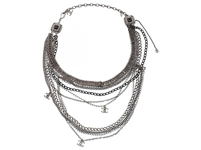Collier Chanel Coco Mark à 10 rangs Noir Argenté