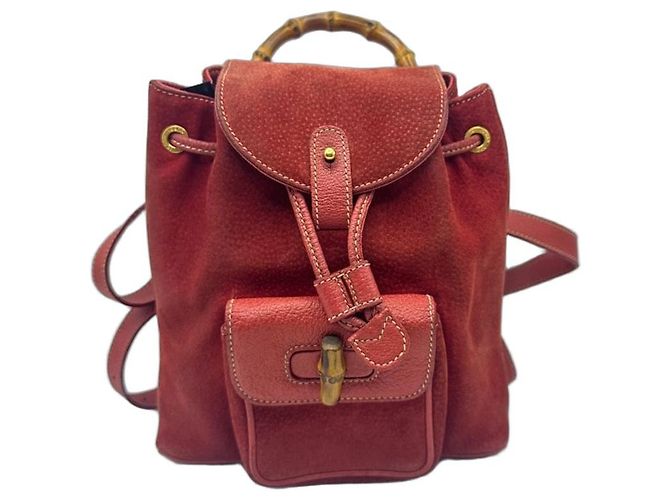 Gucci Bamboo Backpack Red Suede Leather