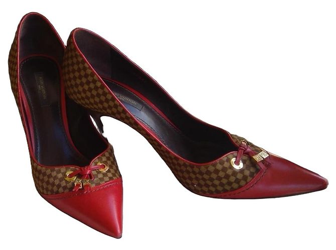 Décolleté Louis Vuitton Damier Ebene e pelle rossa Marrone Rosso