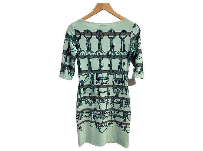 Hermès Kleid mit Pferdegebiss-Print Braun Hellgrün Dunkelgrün 