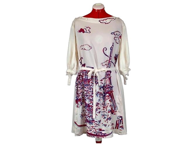 Louis Vuitton Seidenkleid Paris-Print Rot Blau Roh
