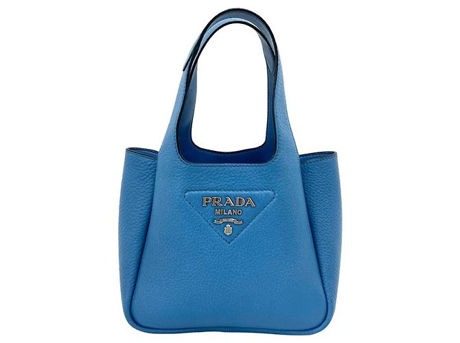 Prada Vitello Daino Triangle Logo Mini Tote Bag Blue