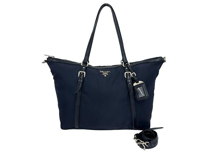 Saco Tote Prada em nylon e couro com logo hardware Preto Azul marinho