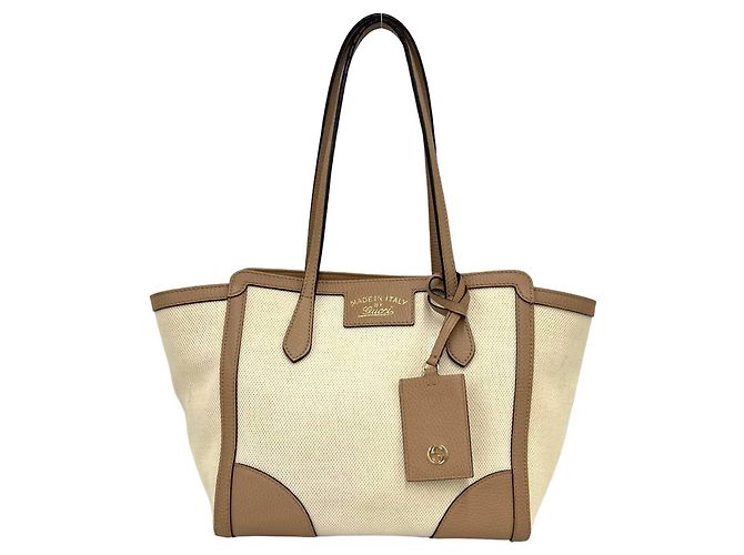 Saco Tote GUCCI Swing Logo Canvas Leather Marrom Bege