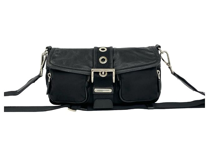 Borsa a tracolla Prada in nylon e pelle nera Nero