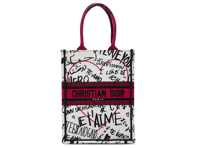 Dior White DiorAmour Embroidered Canvas Graffiti Vertical Book Tote