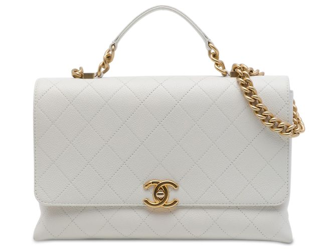 mala Chanel White Medium Stitched Caviar Chic Affinity Top Handle Bag Branco