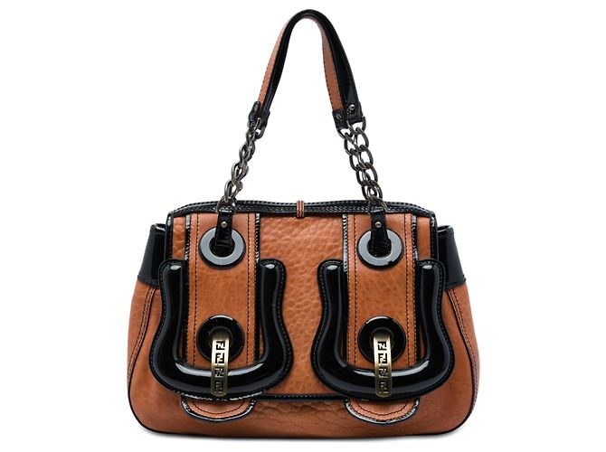 mala Fendi B Bag Medium em couro castanho com pega superior
