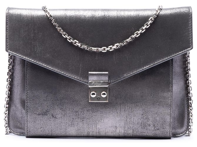 Dior Silver Metallic Leather Shadow Soft Pouch on Chain Silvery