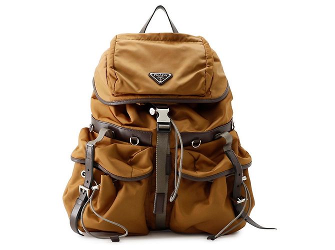 Prada Triangle Nylon Leather Backpack Brown